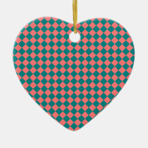 Pink Cyan Checker Diamond Pattern Ceramic Ornament