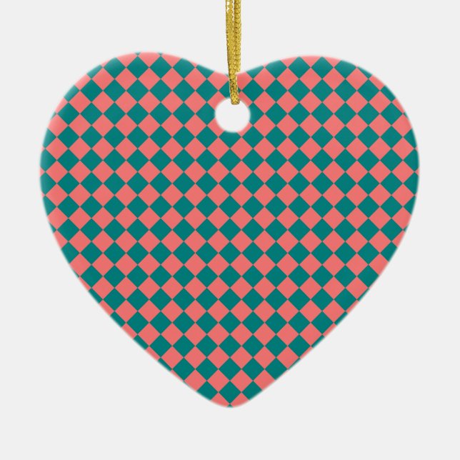 Pink Cyan Checker Diamond Pattern Ceramic Ornament (Front)