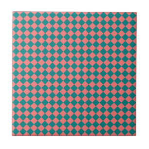 Pink Cyan Checker Diamond Pattern Ceramic Tile