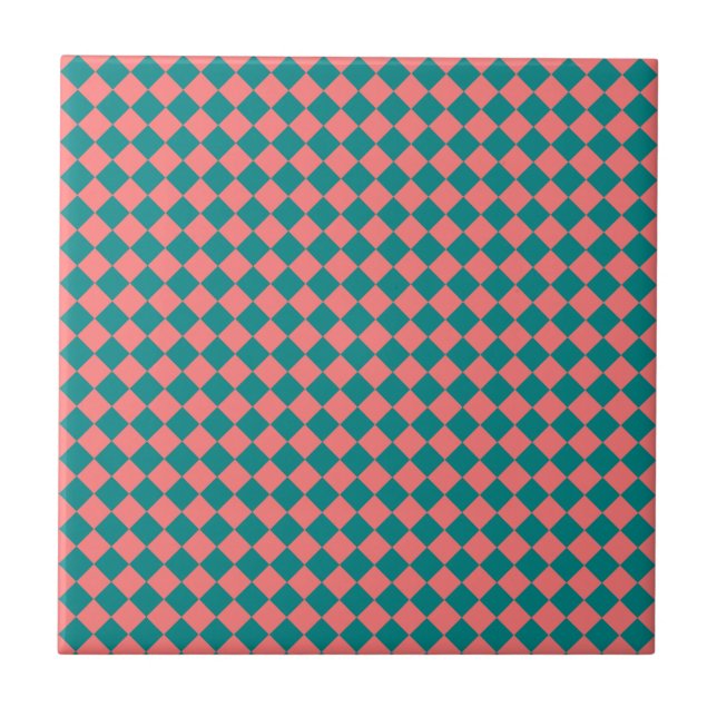 Pink Cyan Checker Diamond Pattern Ceramic Tile (Front)