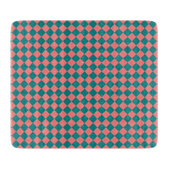 Pink Cyan Checker Diamond Pattern Cutting Board (Front)