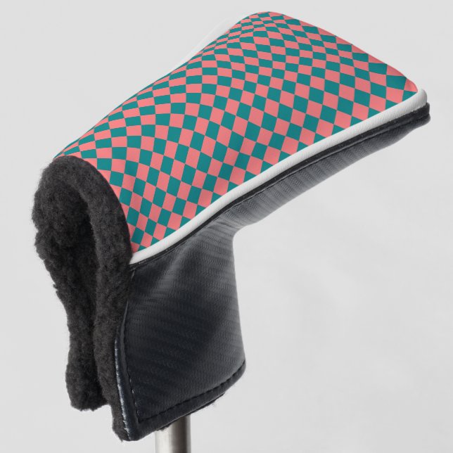 Pink Cyan Checker Diamond Pattern Golf Head Cover (3/4 Front)