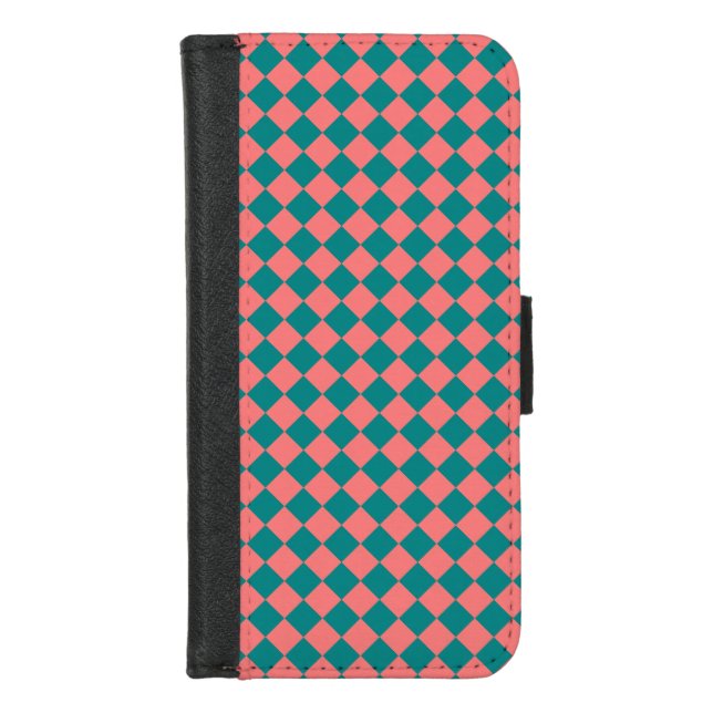 Pink Cyan Checker Diamond Pattern iPhone Wallet Case (Front)