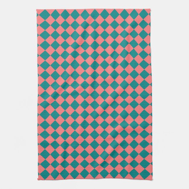 Pink Cyan Checker Diamond Pattern Kitchen Towel (Vertical)