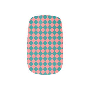 Pink Cyan Checker Diamond Pattern Minx Nail Art