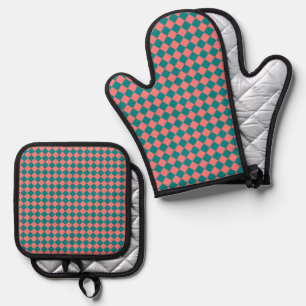 Pink Cyan Checker Diamond Pattern Oven Mitt & Pot Holder Set