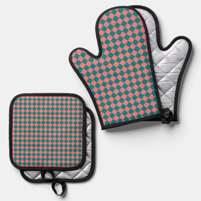 Pink Cyan Checker Diamond Pattern Oven Mitt & Pot Holder Set (Front/Back)