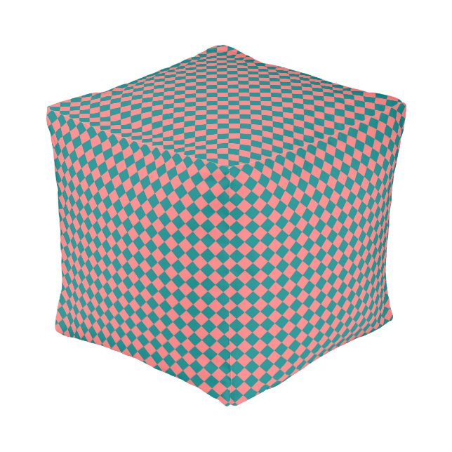 Pink Cyan Checker Diamond Pattern Pouf (Angled Front)
