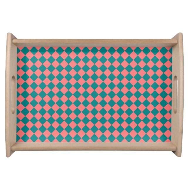 Pink Cyan Checker Diamond Pattern Serving Tray (Front)