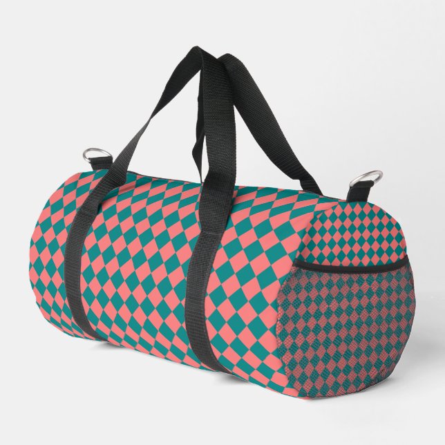 Pink Cyan Checker Diamond Pattern Small Duffle Bag (Right Corner)