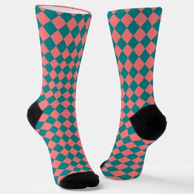 Pink Cyan Checker Diamond Pattern Socks (Angled)