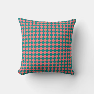 Pink Cyan Checker Diamond Pattern Throw Pillow