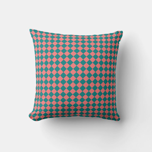 Pink Cyan Checker Diamond Pattern Throw Pillow (Front)