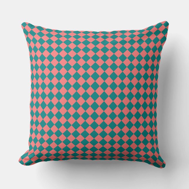 Pink Cyan Checker Diamond Pattern Throw Pillow (Front)