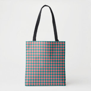 Pink Cyan Checker Diamond Pattern Tote Bag