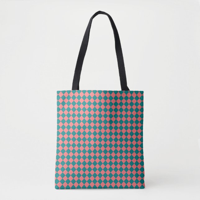 Pink Cyan Checker Diamond Pattern Tote Bag (Front)