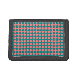 Pink Cyan Checker Diamond Pattern Trifold Wallet