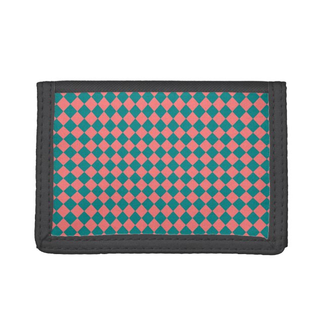 Pink Cyan Checker Diamond Pattern Trifold Wallet (Front)