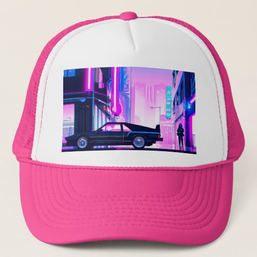 Pink cyberpunk city street trucker hat