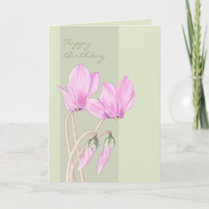 Pink Cyclamens green Birthday Card
