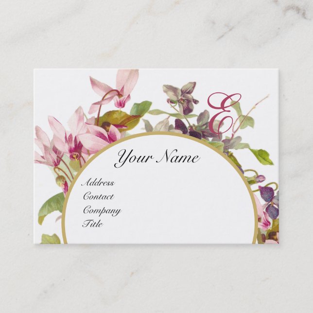 PINK CYCLAMENS ROMANTIC FLORAL MONOGRAM,White Business Card (Front)