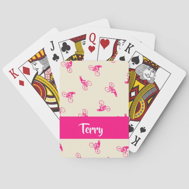 Pink cyclist silhouette pattern poker cards (Back)