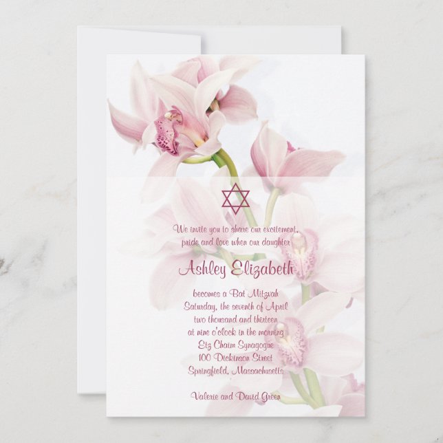 Pink Cymbidium Orchid Bat Mitzvah Invitation (Front)