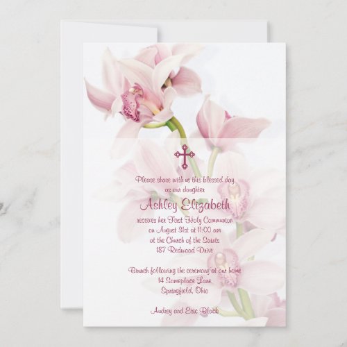 Pink Cymbidium Orchid First Communion Invitation