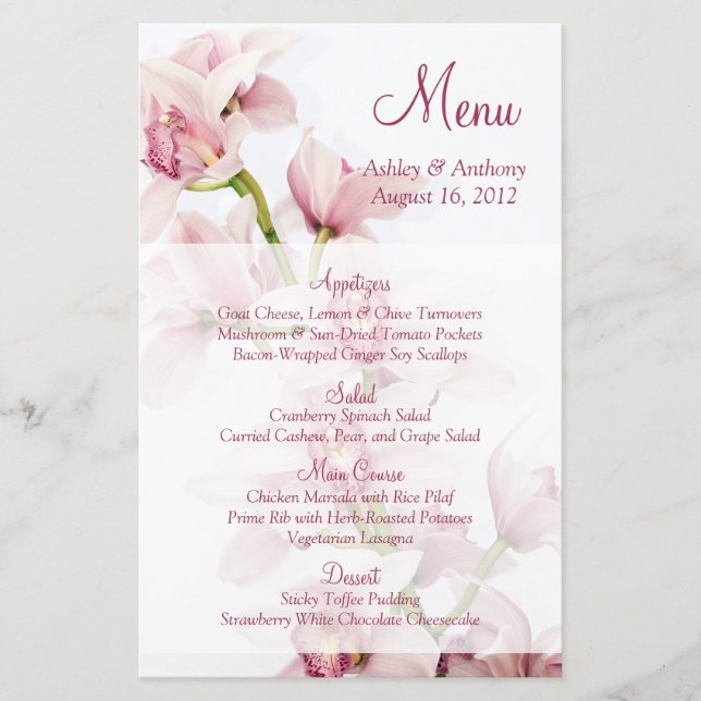 Pink Cymbidium Orchid Floral Wedding Menu Card (Front)