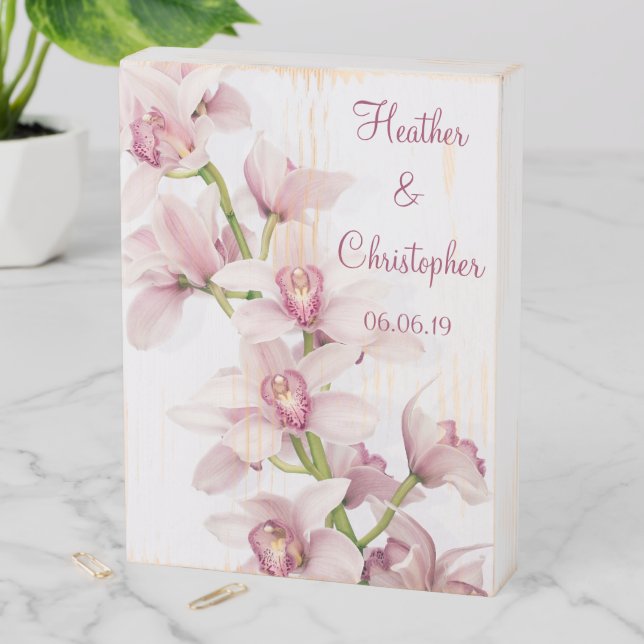 Pink Cymbidium Orchid Floral Wedding Wooden Box Sign (In Situ Vertical)