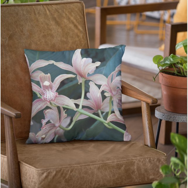 Pink Cymbidium Orchids Floral Throw Pillow (In Situ Chair)
