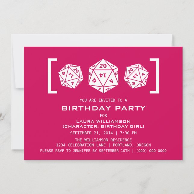 Pink D20 Dice Gamer Birthday Party Invite (Front)