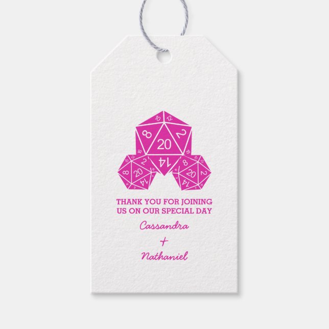 Pink D20 Dice Wedding Gift Tags (Front)