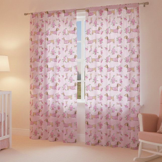 Pink Dachshund & Flowers Bedroom Nursery Sheer Sheer Curtains (Pink sheer dachshund nursery curtains)