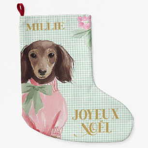 Pink Dachshund & Green Gingham Joyeux Noël Large Christmas Stocking