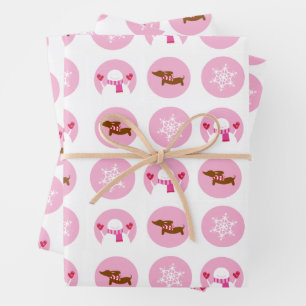 Pink Dachshund Snowflake Snowman Christmas Gift Wrapping Paper Sheets