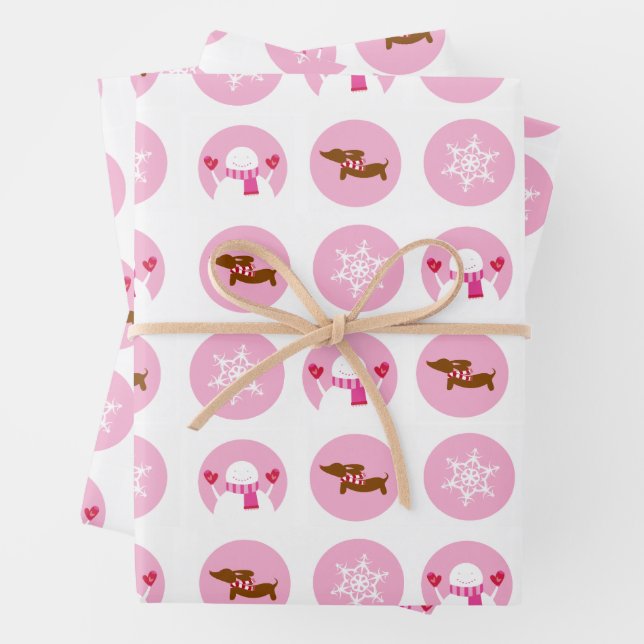 Pink Dachshund Snowflake Snowman Christmas Gift  Wrapping Paper Sheets (In situ)