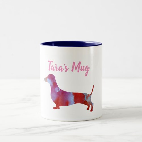 Pink dachshund Watercolor Custom Name Two_Tone Coffee Mug