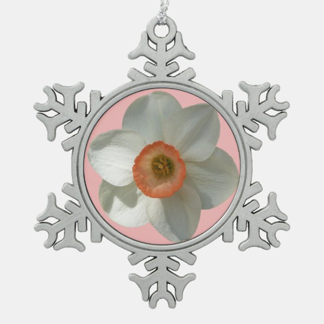 Pink Daffodil Spring Flower Snowflake Pewter Christmas Ornament (Front)