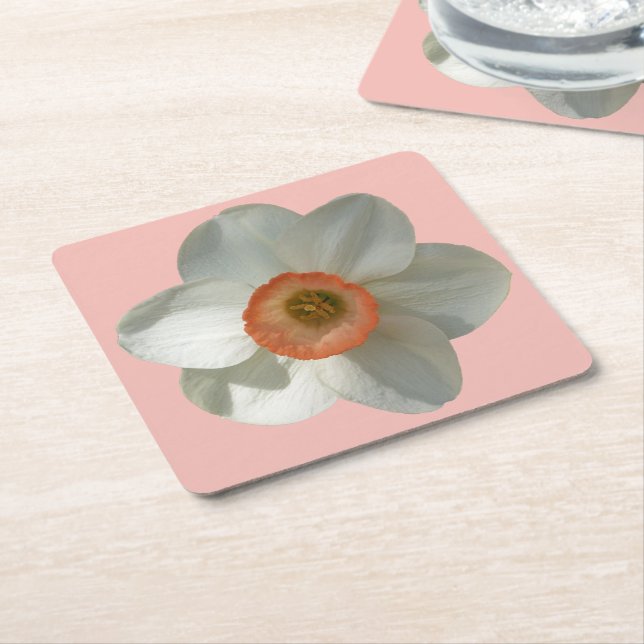 Pink Daffodil Spring Flower Square Paper Coaster (Angled)