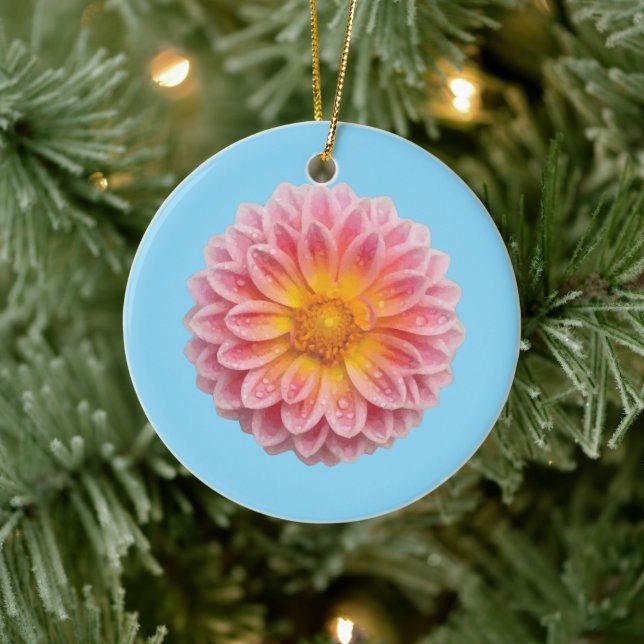 Pink Dahlia and Dew Drops Ceramic Ornament (Tree)