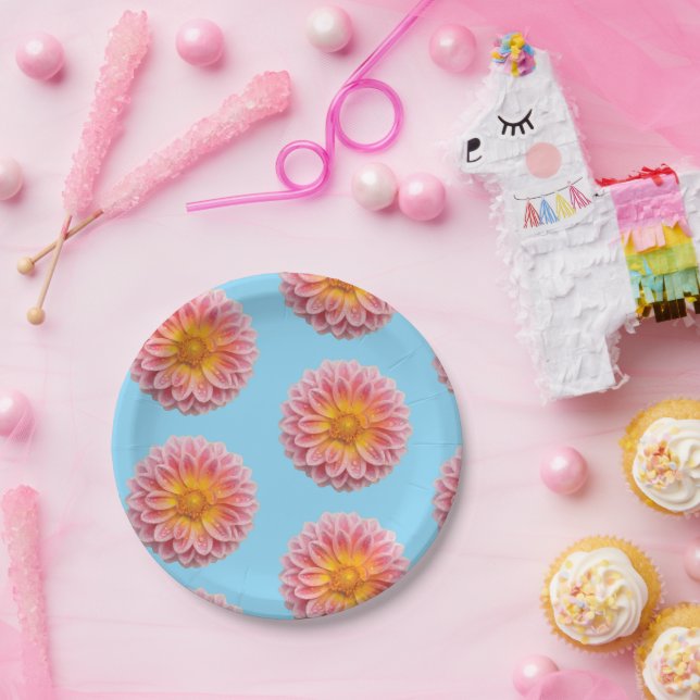 Pink Dahlia and Dew Drops Paper Plates (Party)