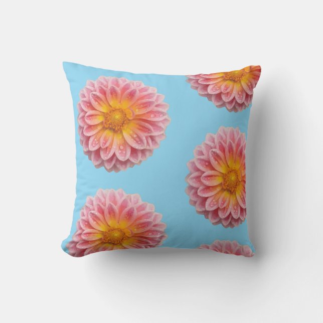Pink Dahlia and Dew Drops Throw Pillow (Front)