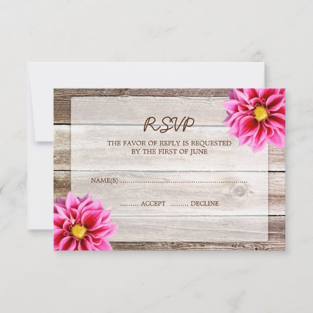 Pink Dahlia Barn Wood Wedding RSVP Response Card (Front)