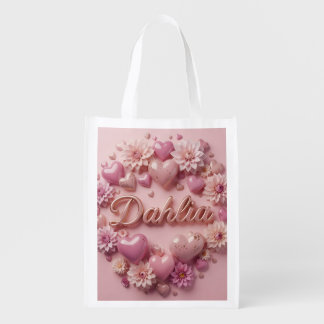 Pink Dahlia Bloom Art with Hearts Grocery Bag