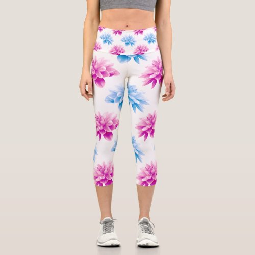 Pink Dahlia Blue Dahla Floral Pattern Flowers Capri Leggings