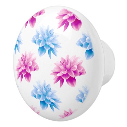 Pink Dahlia Blue Dahla Floral Pattern Flowers Ceramic Knob