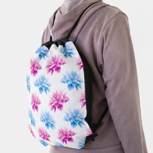 Pink Dahlia Blue Dahla Floral Pattern Flowers Drawstring Bag