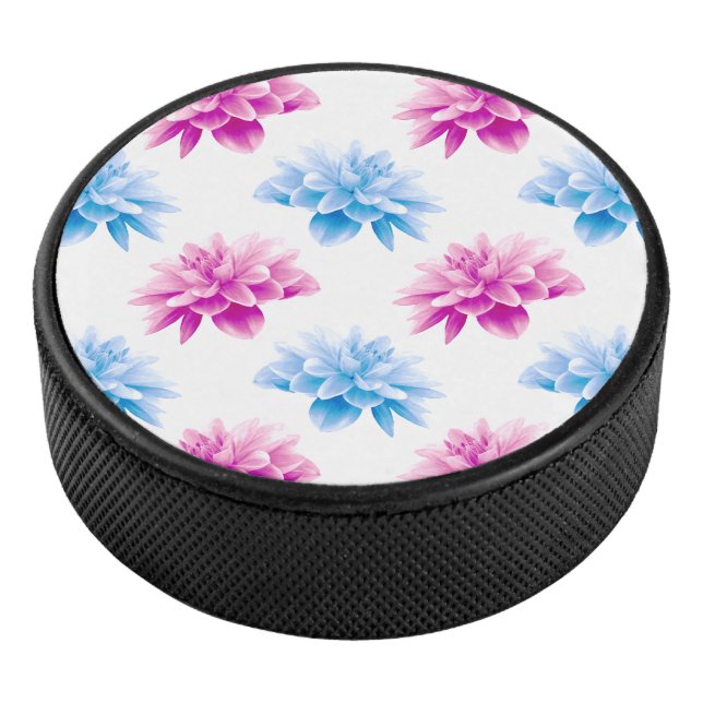 Pink Dahlia, Blue Dahla, Floral Pattern, Flowers Hockey Puck (3/4)