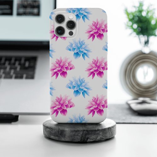 Pink Dahlia Blue Dahla Floral Pattern Flowers iPhone 15 Pro Max Case